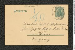Nachlass Franz Steindachner, Postkarte von Emil Weiske an Franz Steindachner (21.09.1908), Inv.Nr. 582.03, Seite 1